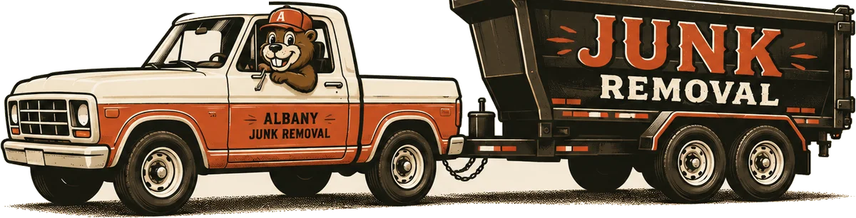 Albany Junk Removal pickup truck and 16-foot dump trailer, driven by the beaver mascot